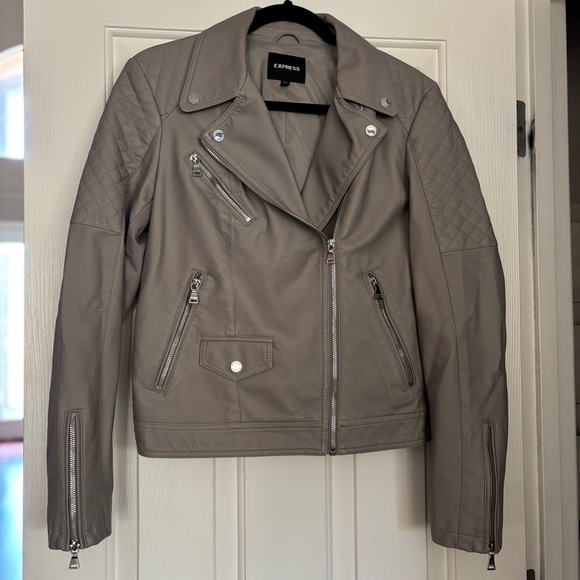 Express Women's Taupe Faux Leather Moto Jacket, size Medium - Picture 1 of 6